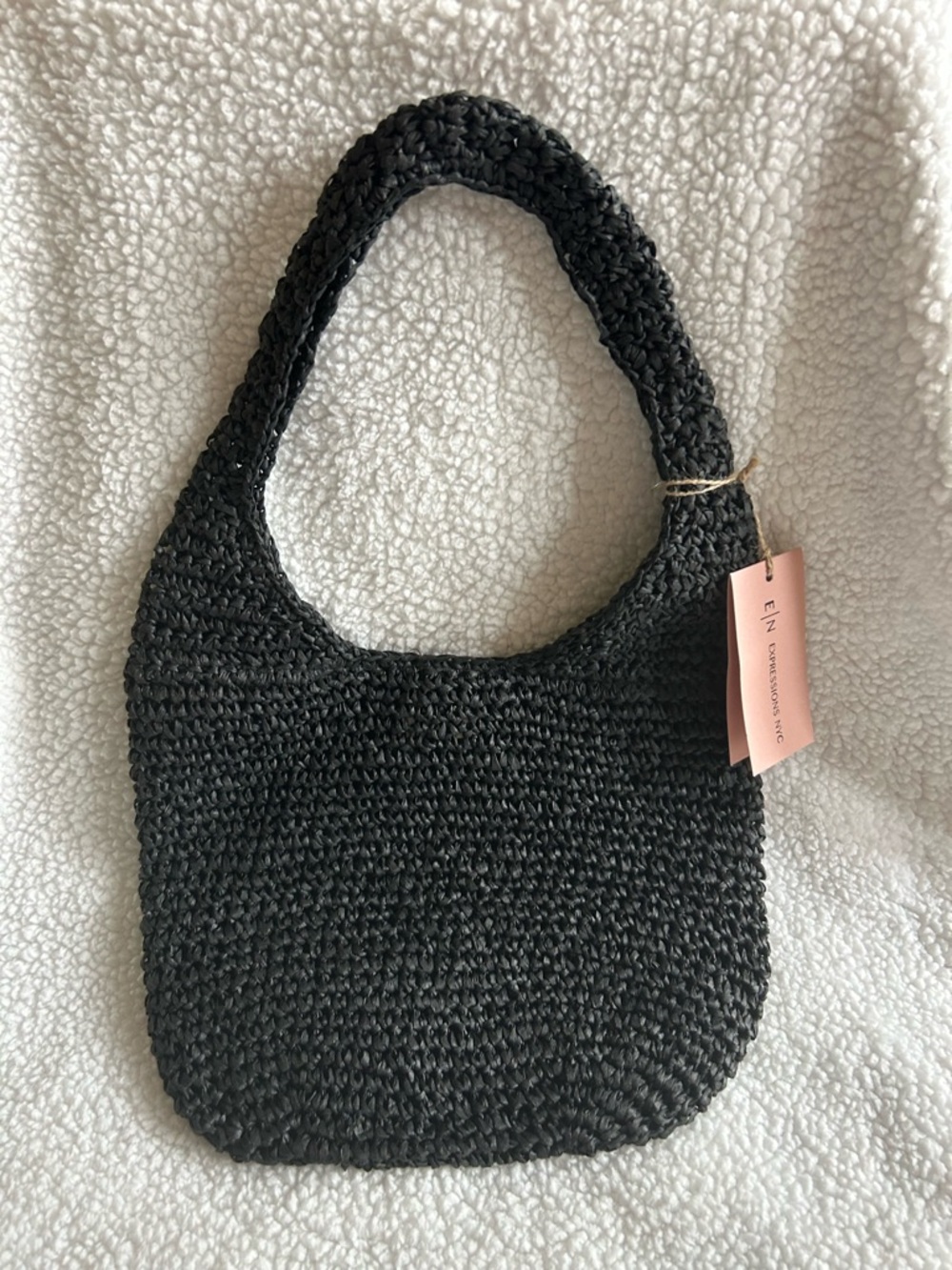 Expressions NYC woven crochet slouch shoulder or beach bag Black NEW